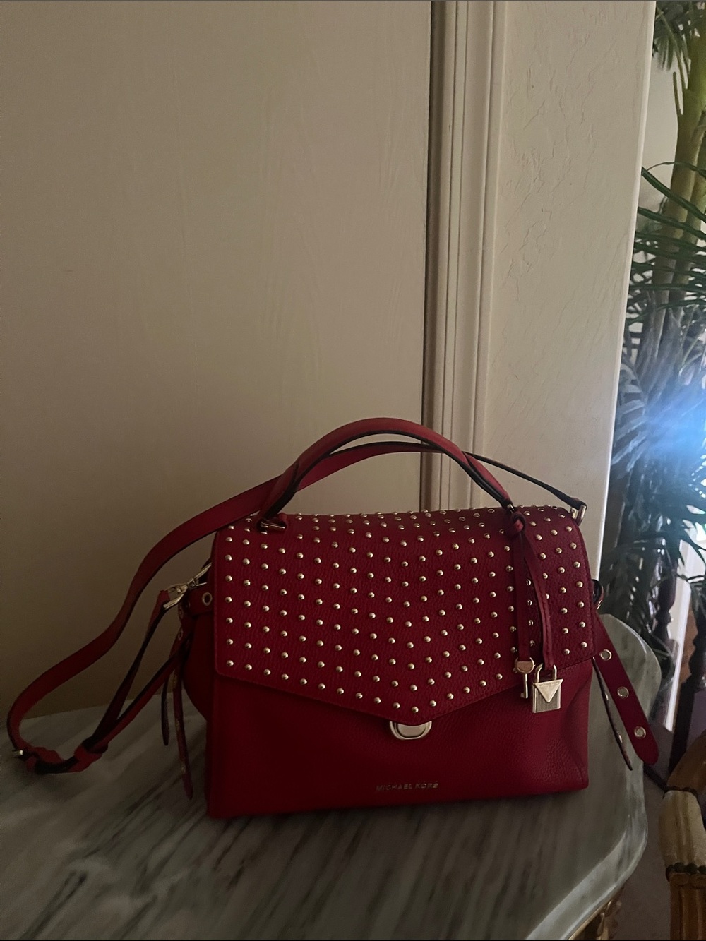 Michael Kors Red Studded Satchel with Gold Hardware